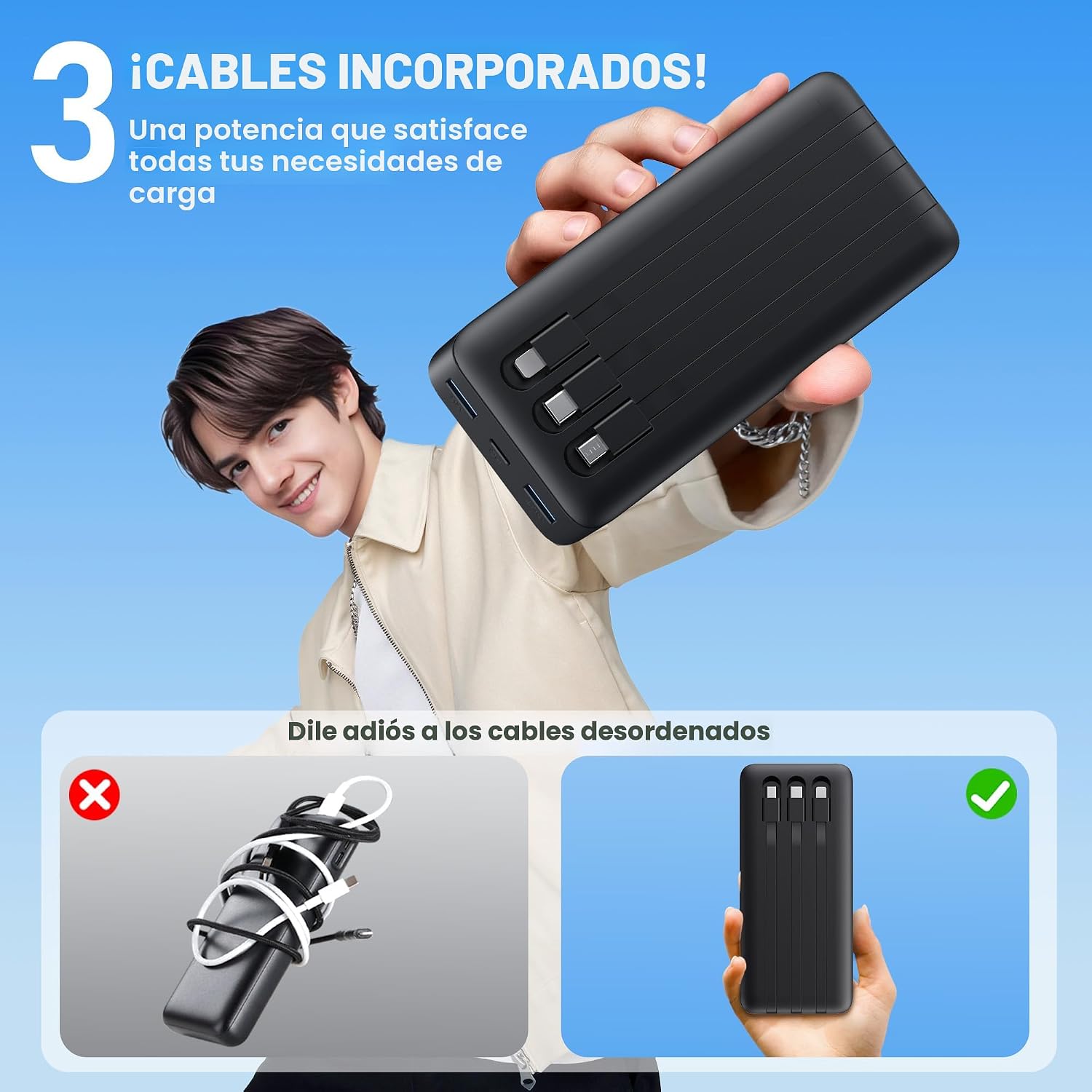 Cargador Portátil 60800mAh Banco de Energía con 3 Cables Integrados...