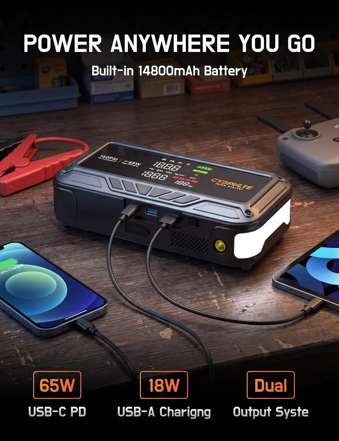 CYBPULTE Arrancador con compresor de aire 8000A 160 PSI, 65W USB-C...