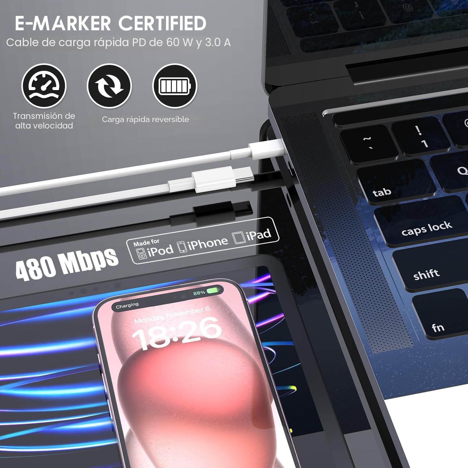 Cargador rápido USB C para iPhone 15, carga rápida, paquete de 2, b...