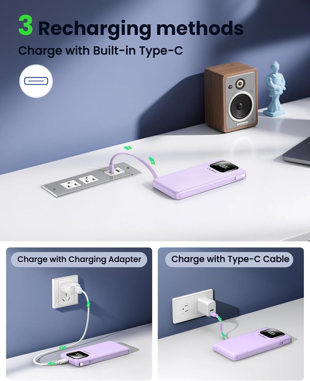 Banco de energía cargador portátil con cables tipo C integrados, ca...