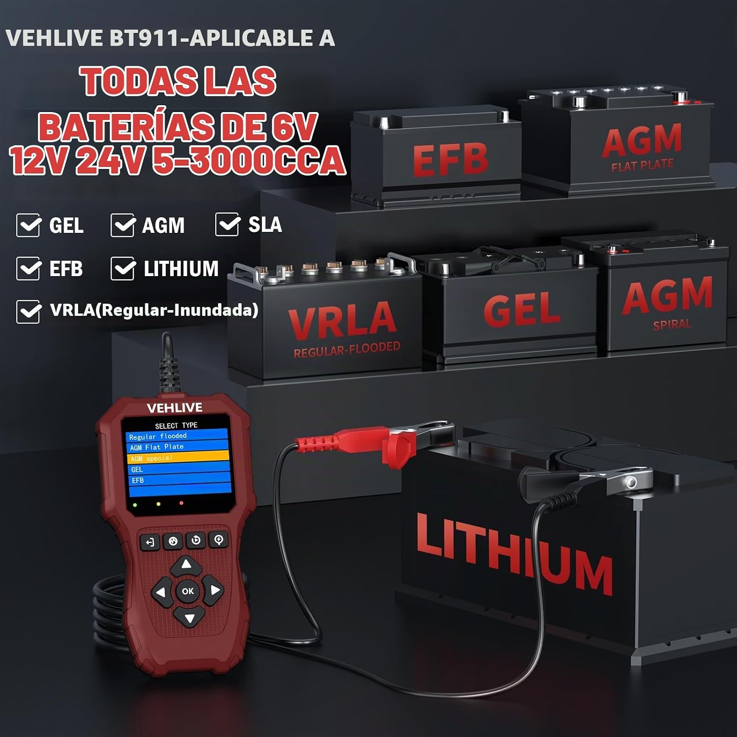BT911 5-3000CCA - Probador de batería de automóvil de 6 V, 12 V y 2...