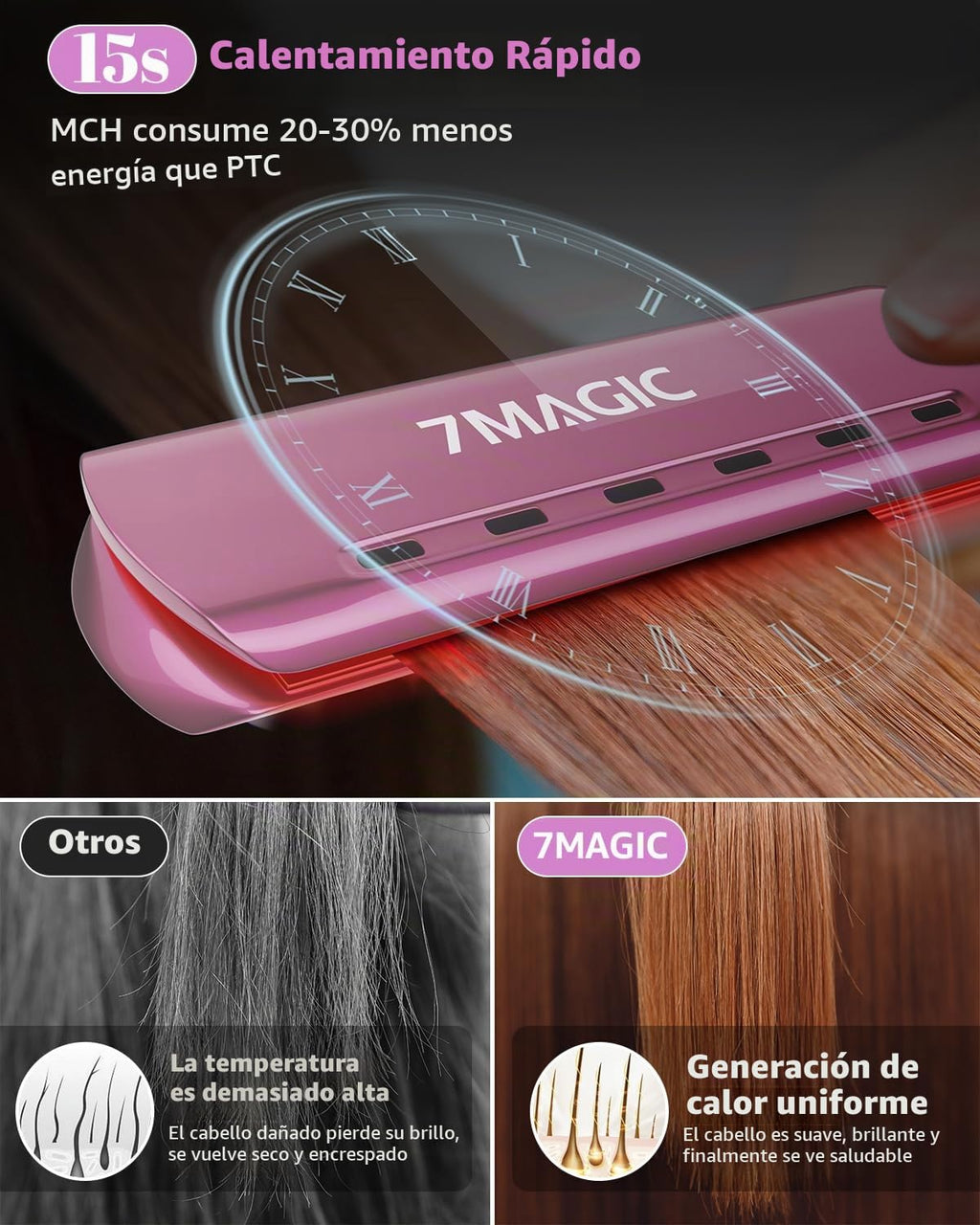7MAGIC Alisadora de Cabello Nano Titanio, Plancha Plana de 1.7"...