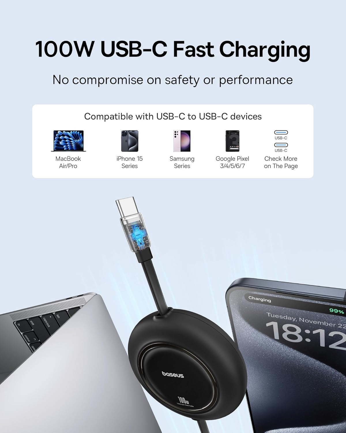 Baseus Cable USB C a USB C, Cable de Carga Rápida USB C Retráctil d...