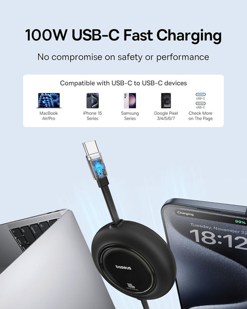 Baseus Cable USB C a USB C, Cable de Carga Rápida USB C Retráctil d...