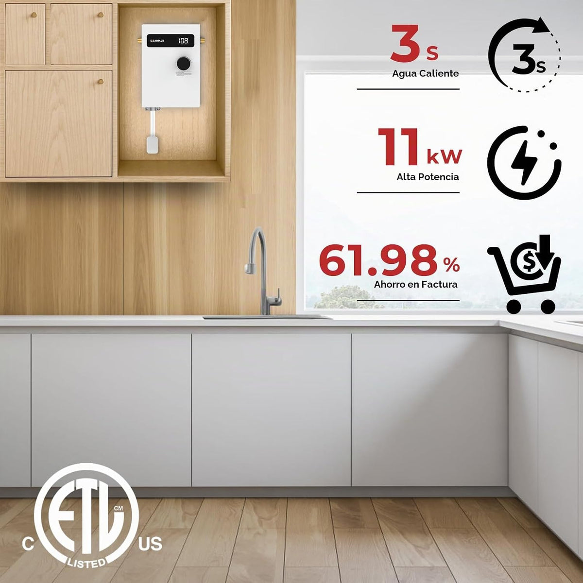 CAMPLUX Calentador de Agua Eléctrico Sin Tanque de 11kW 240 Voltios...