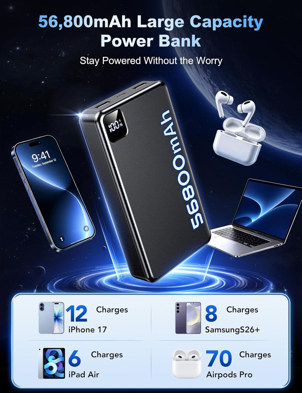Cargador portátil, batería de 56800 mAh, cargador de teléfono portá...