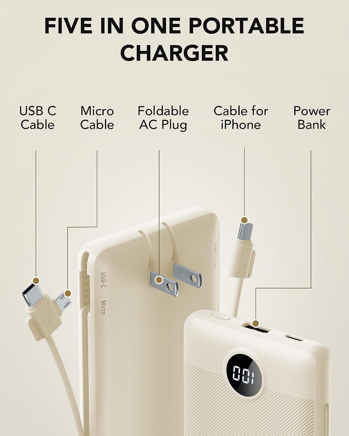 Cargador portátil con cables integrados y enchufe de pared AC, banc...
