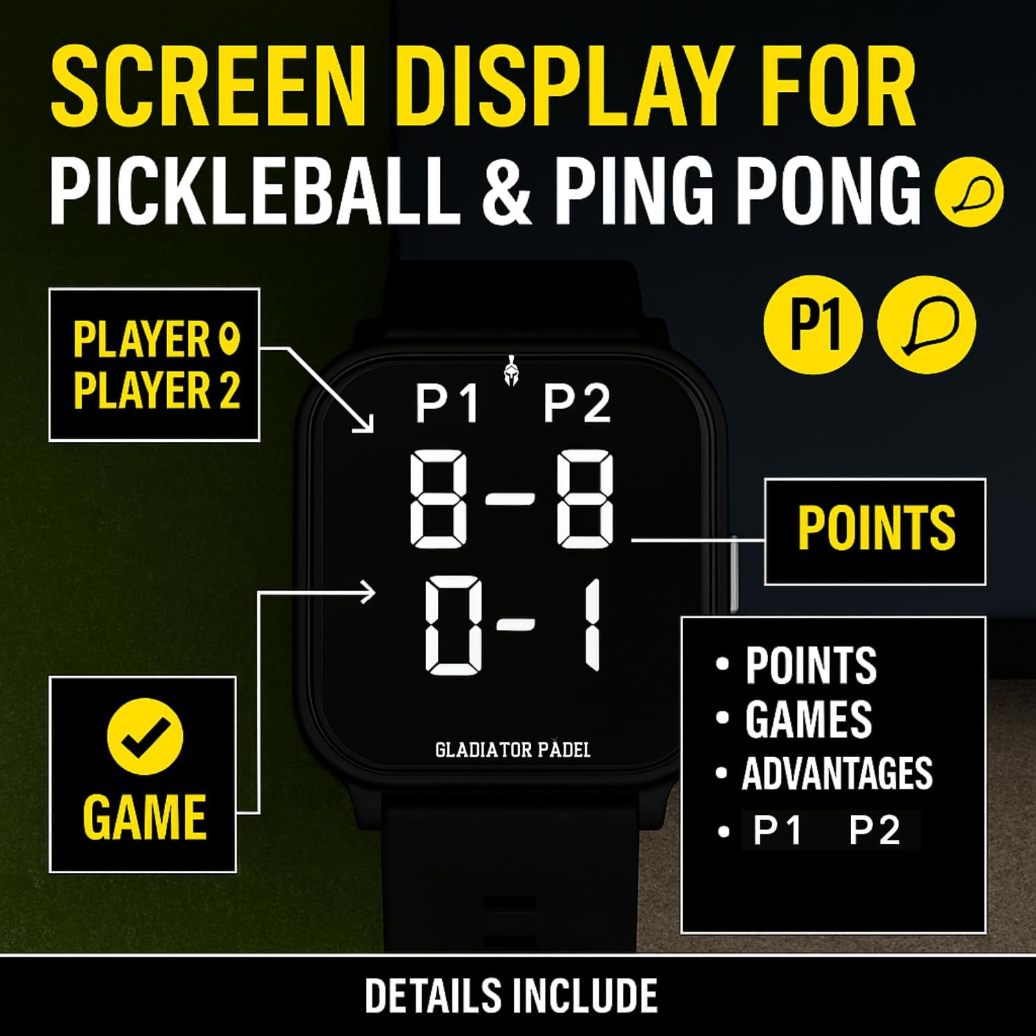 GLADIATOR PADEL Score Keeper Reloj para pickleball, tenis, pádel y...
