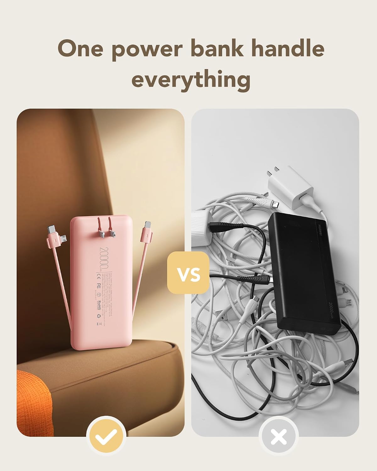 charmast Cargador portátil con enchufe de pared integrado y cables,...