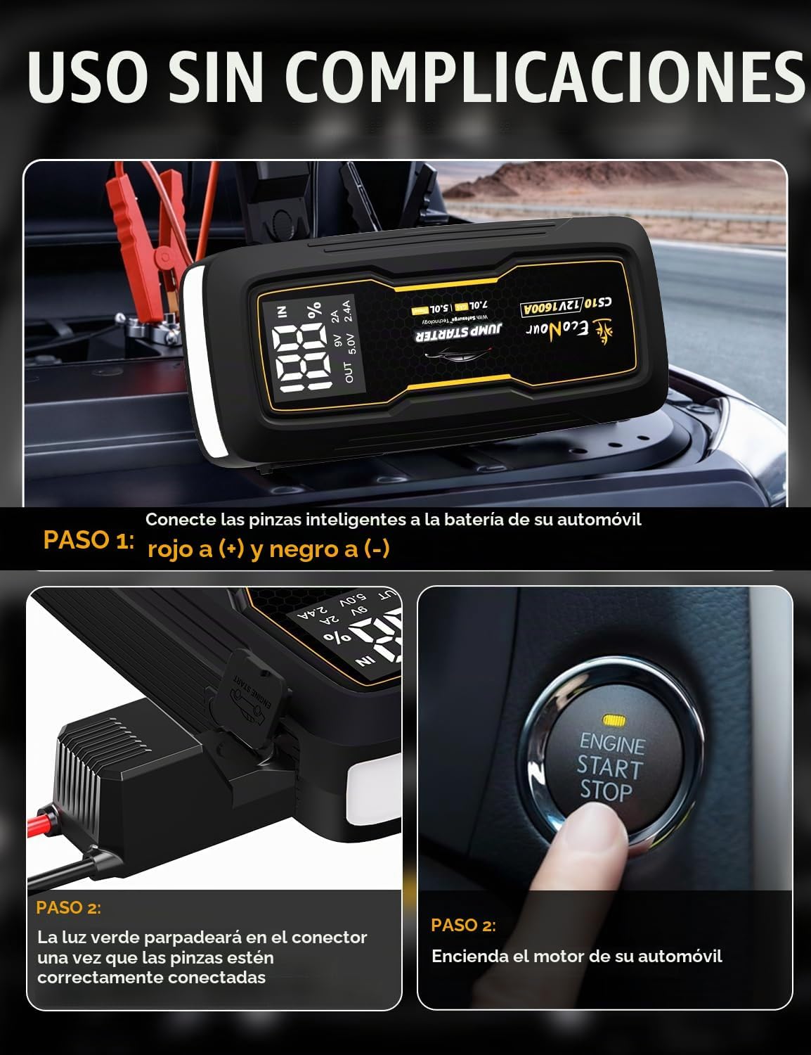 EcoNour - Arrancador de batería portátil de 1600 A, pico de hasta 7...
