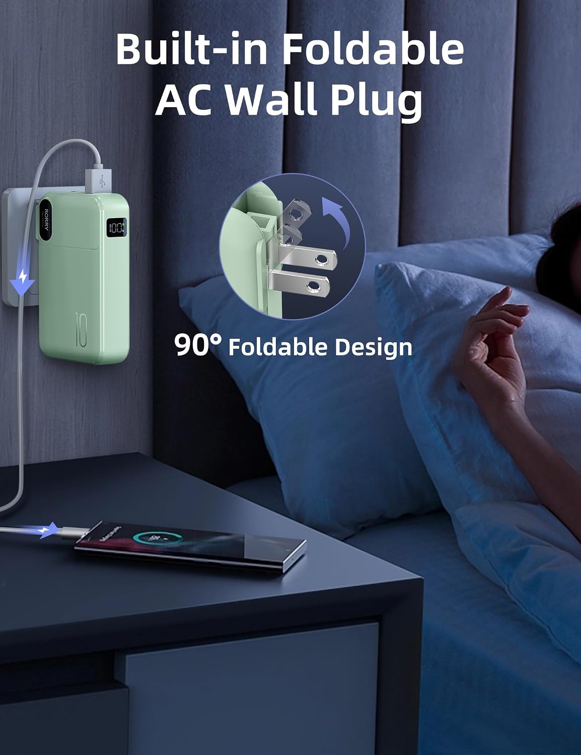 RORRY Cargador portátil con cables integrados, enchufe de pared de...