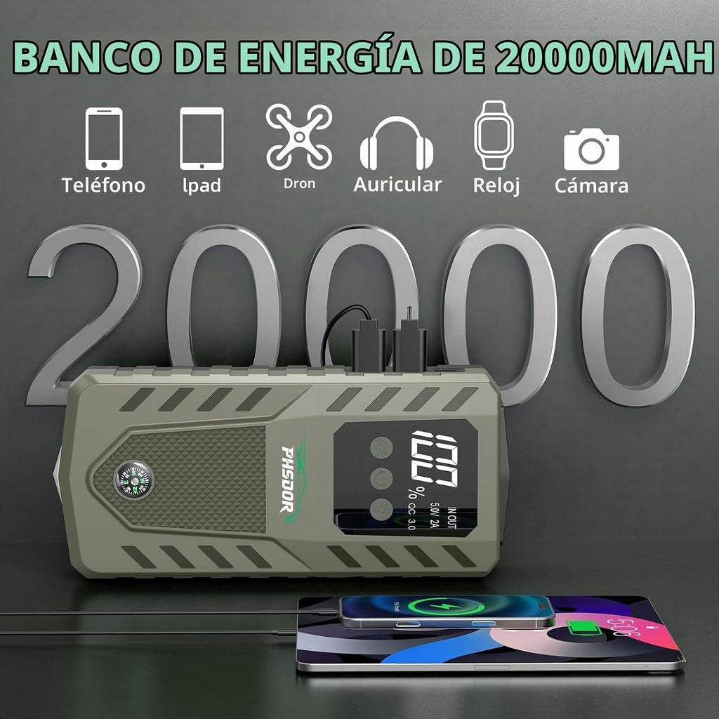 Arrancador de batería de automóvil de 6000 A, batería de 20000 mAh...