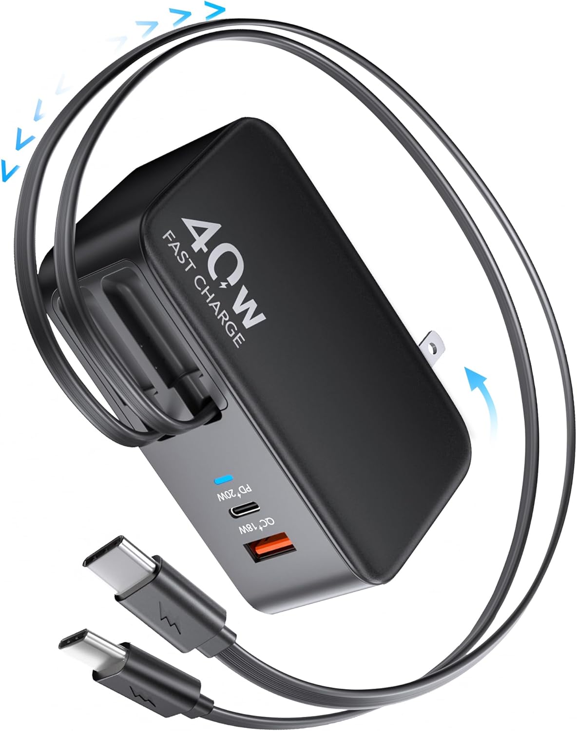 Cargador de pared USB C retráctil con enchufe de pared, cables tipo...