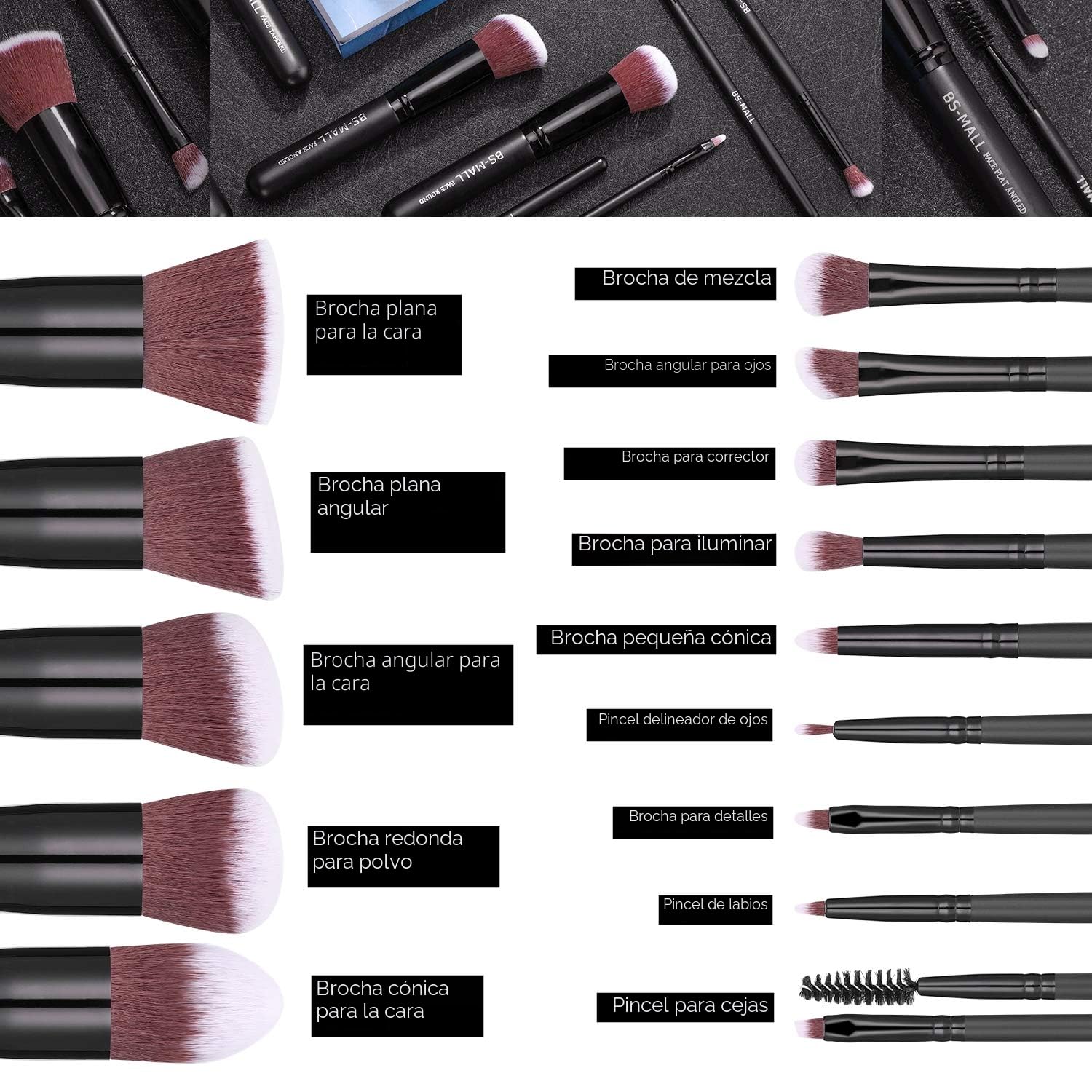 BS-MALL - Pinceles de maquillaje premium, 14 unidades, base sintéti...