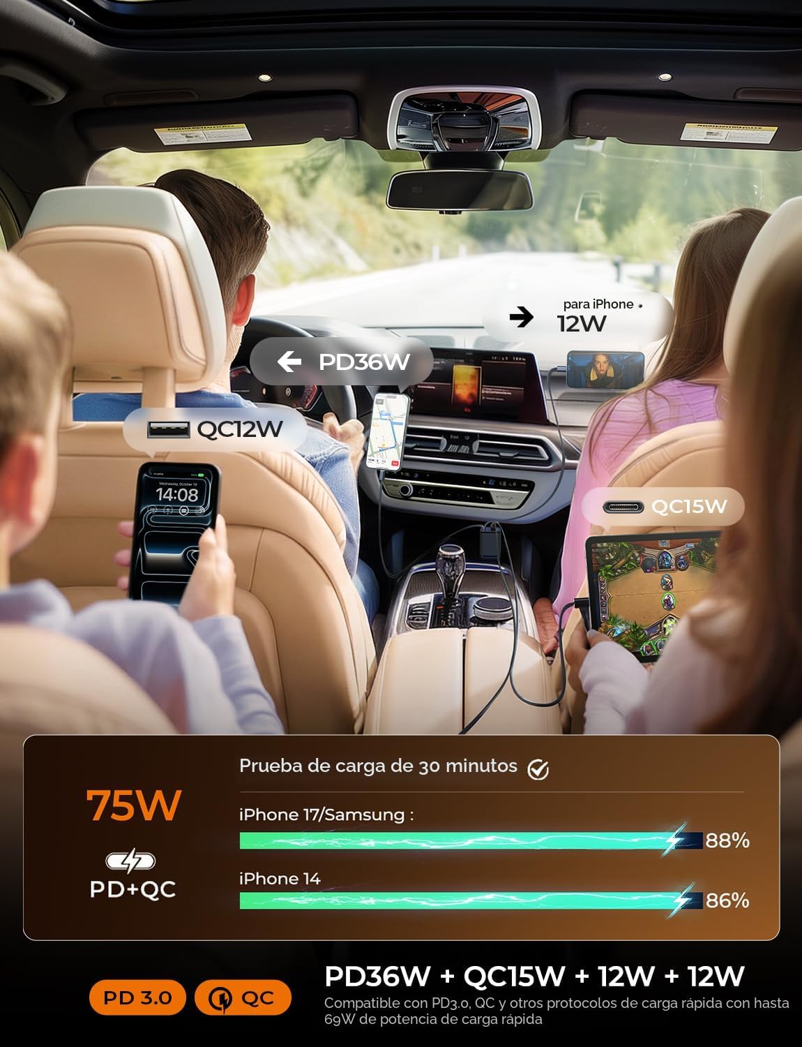 LISEN Cargador de coche retráctil Starlight 4 en 1, adaptador de ci...