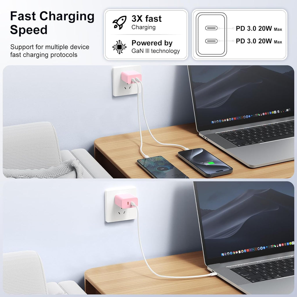 Susnwere Bloque de cargador USB C dual de 40 W, adaptador de corrie...