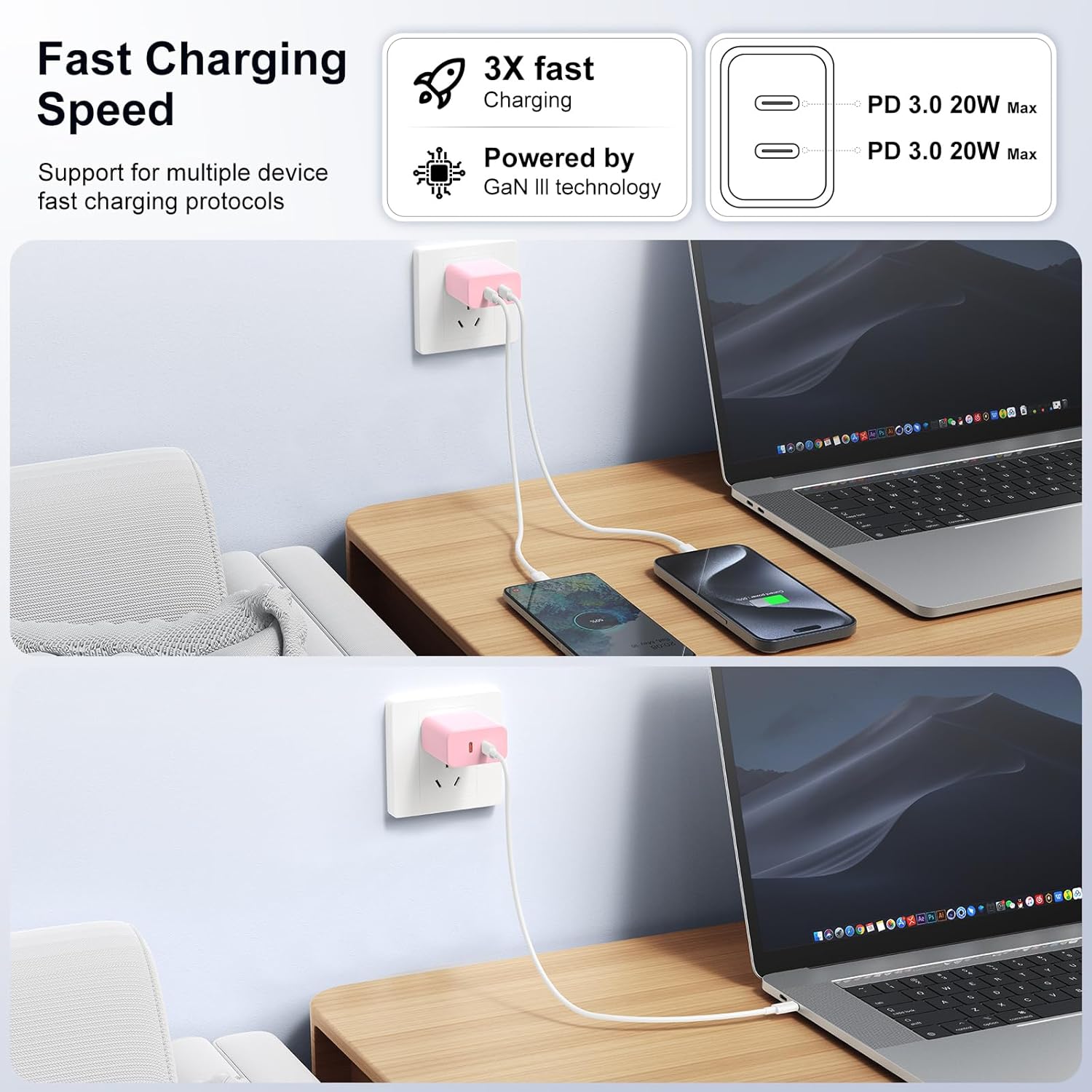 Susnwere Bloque de cargador USB C dual de 40 W, adaptador de corrie...