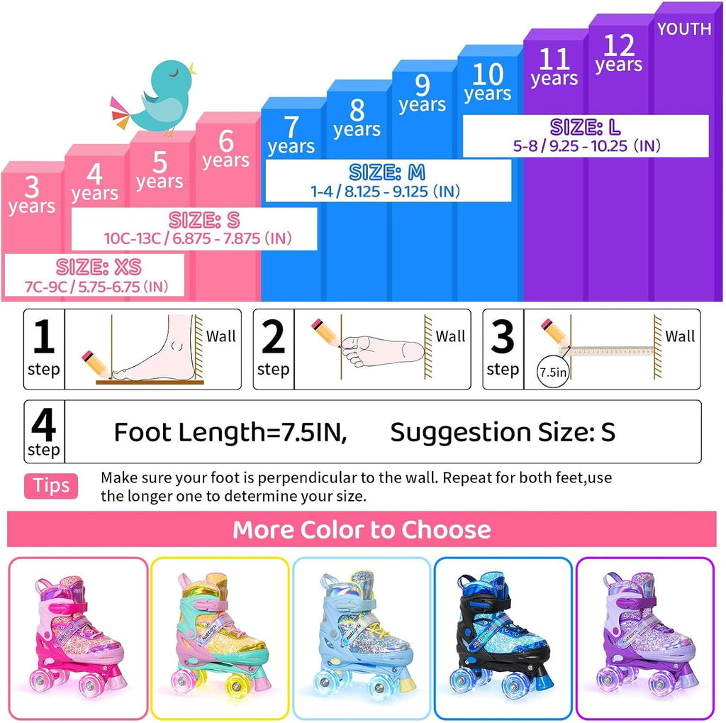Nattork Patines de ruedas para niñas y niños, 4 tamaños ajustables...