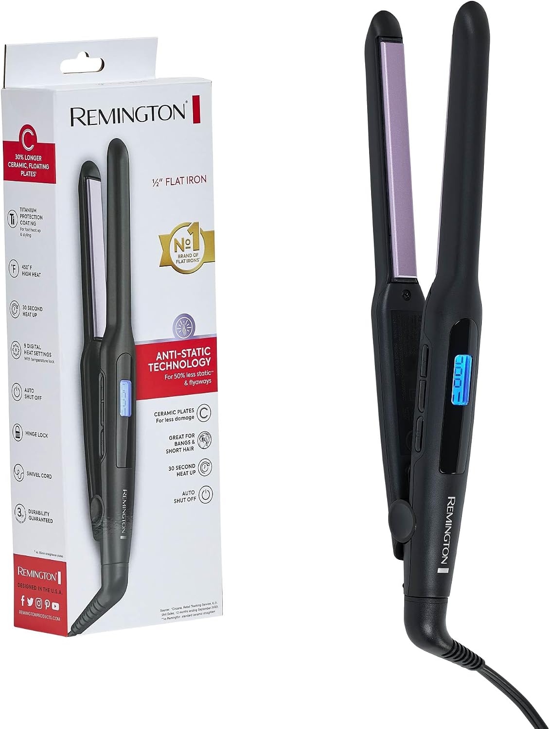 Remington Plancha plana antiestática, 1\/2 pulgada, titanio + reves...