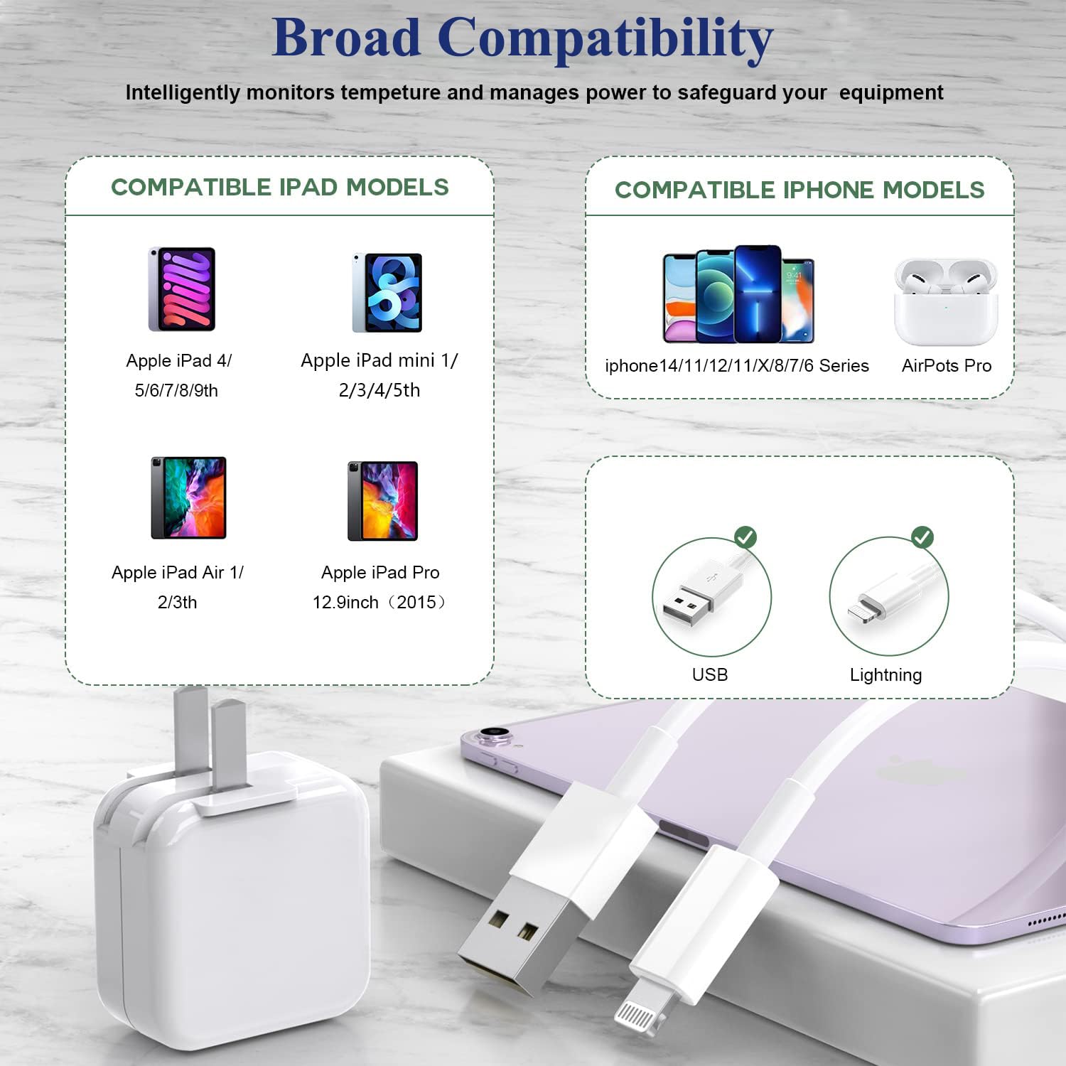 Paquete de 2 cargadores para iPad, cable de carga rápida de 10 pies...