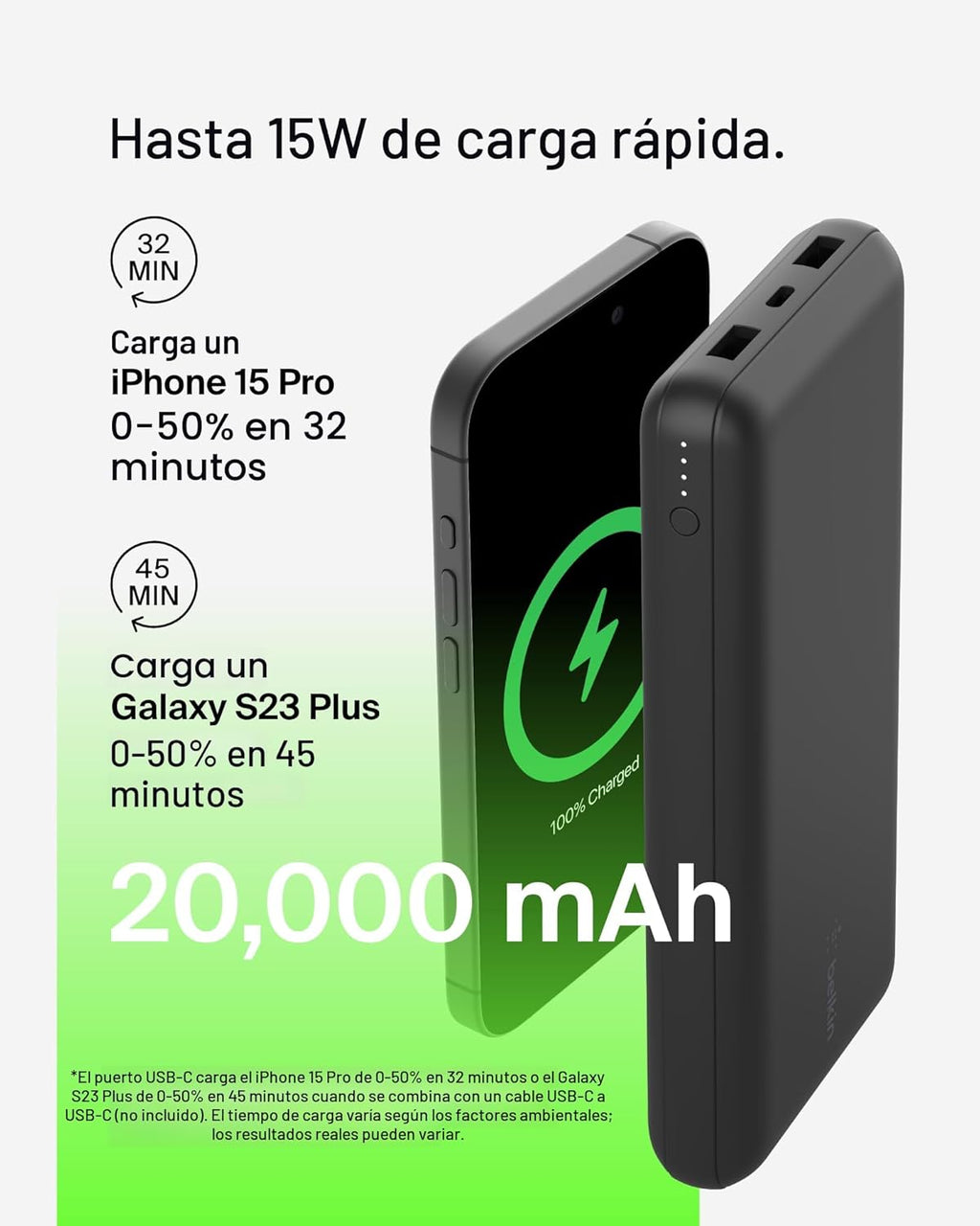 Belkin Cargador Portátil, Batería Externa USB-C 20000 mAh con 2 Pue...