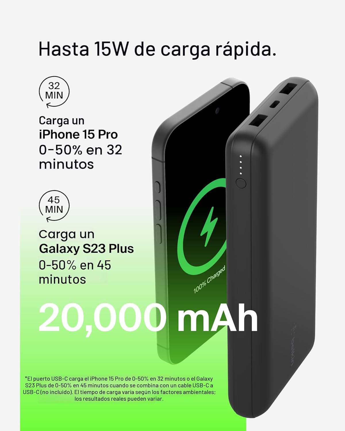 Belkin Cargador Portátil, Batería Externa USB-C 20000 mAh con 2 Pue...
