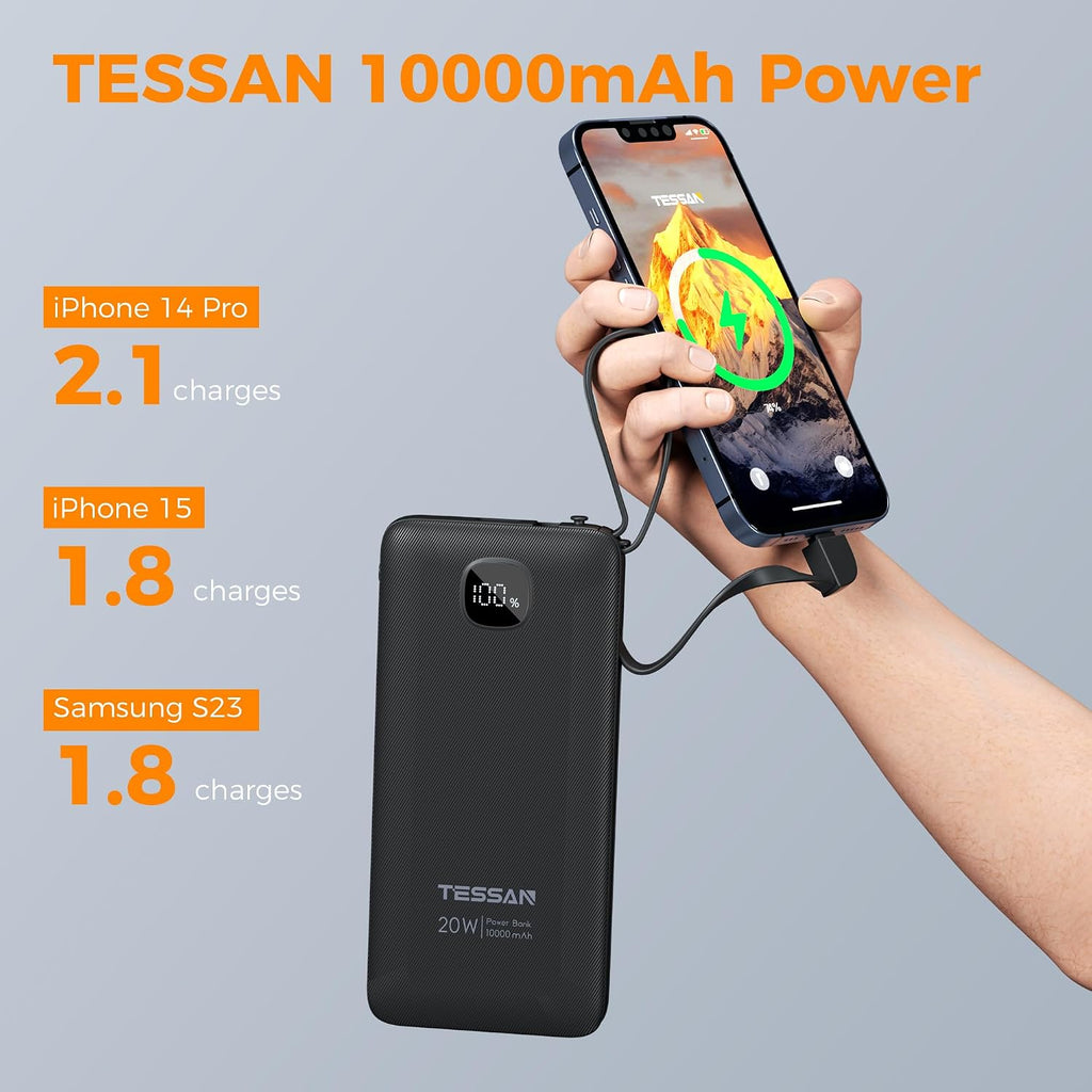 TESSAN Cargador portátil con cables incorporados, banco de energía...