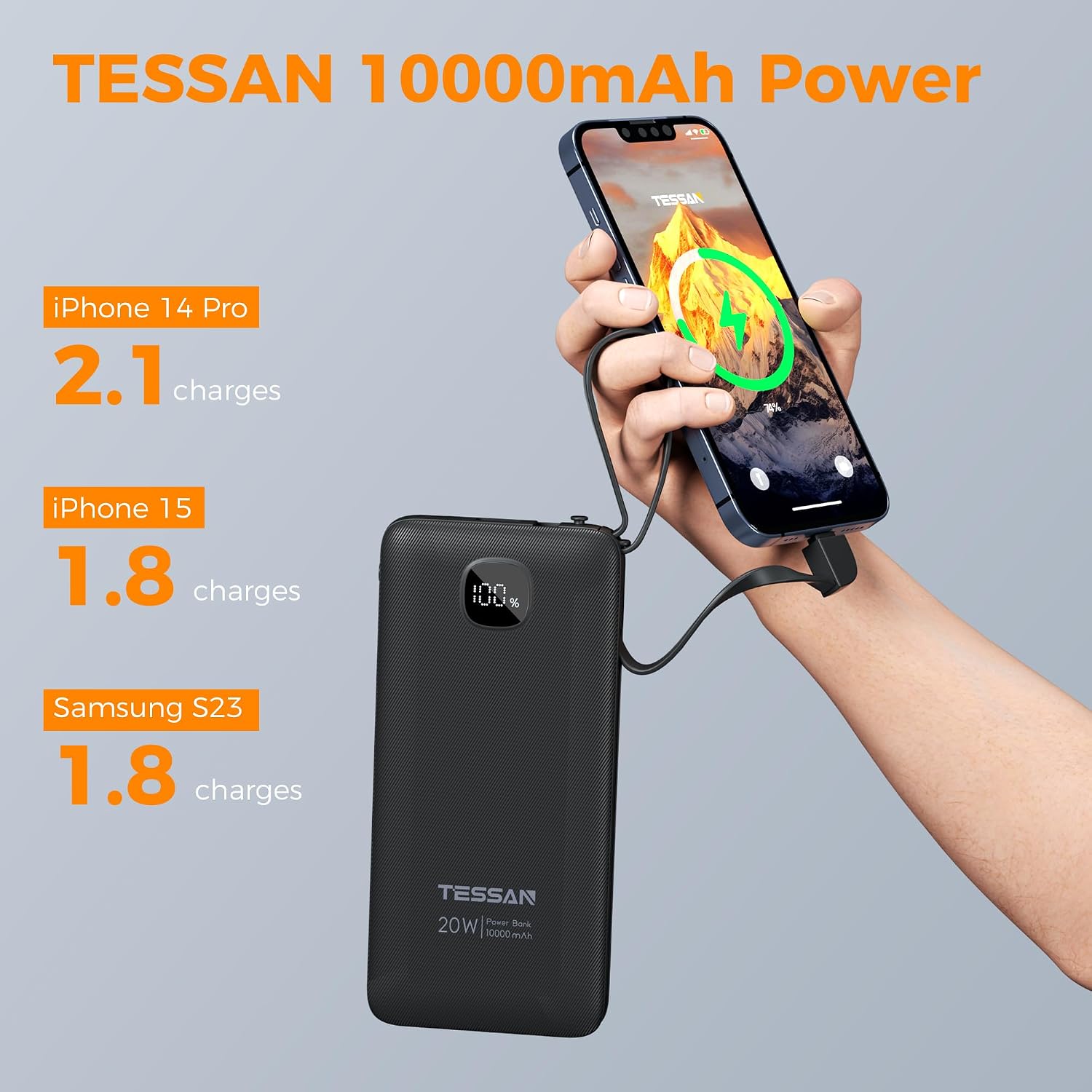 TESSAN Cargador portátil con cables incorporados, banco de energía...