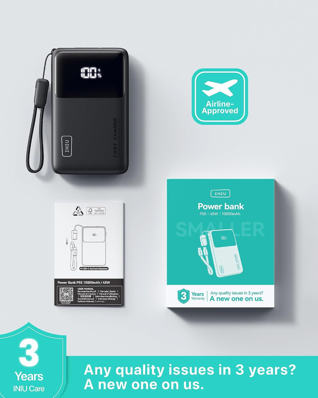 INIU - Banco de energía ultra compacto, 10000 mAh, 45 W, cargador p...
