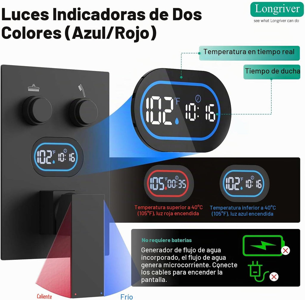 Longriver Juego de grifo de ducha de 2 pulsadores con pantalla de t...