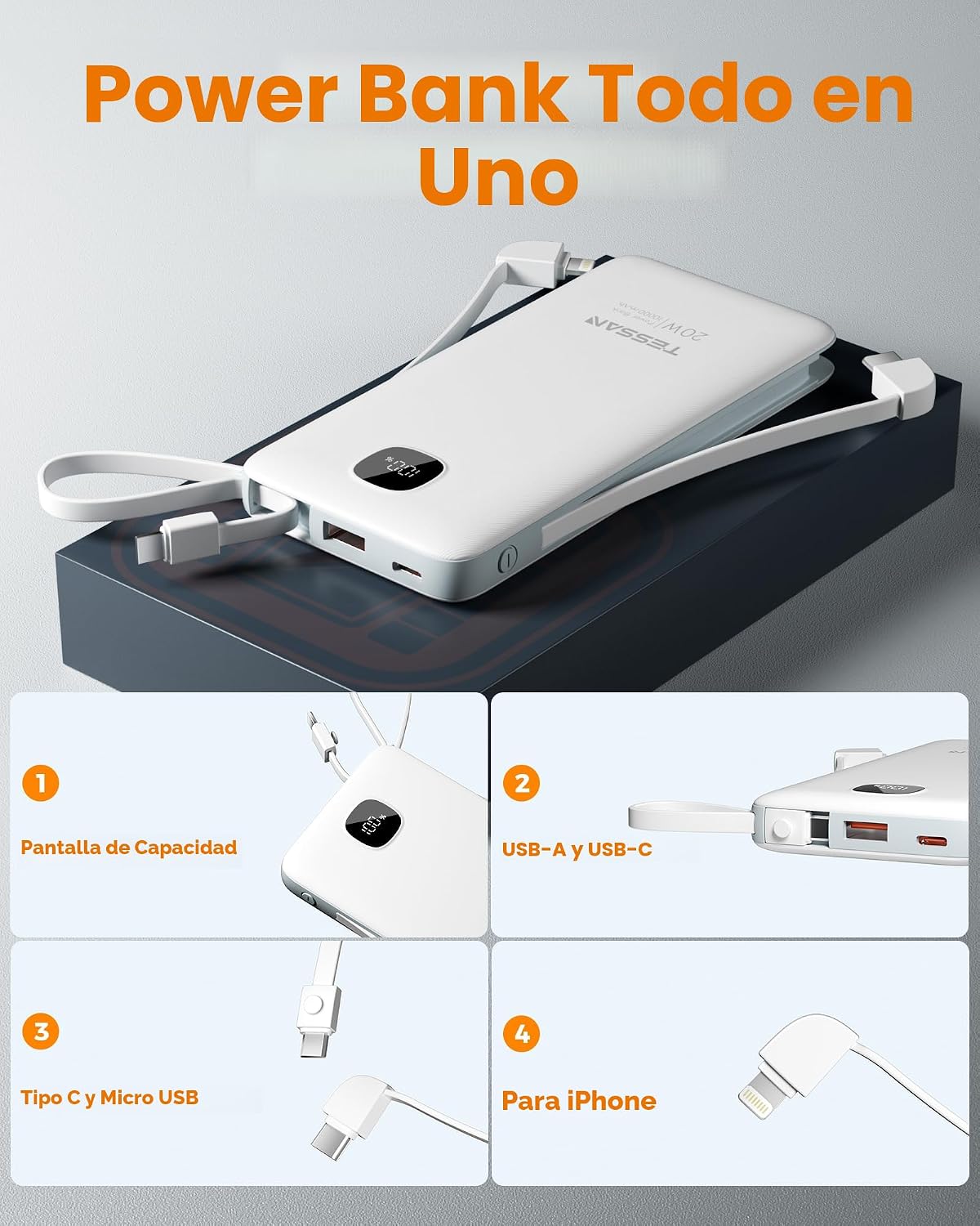 Cargador portátil con cables integrados, cargador de batería TESSAN...