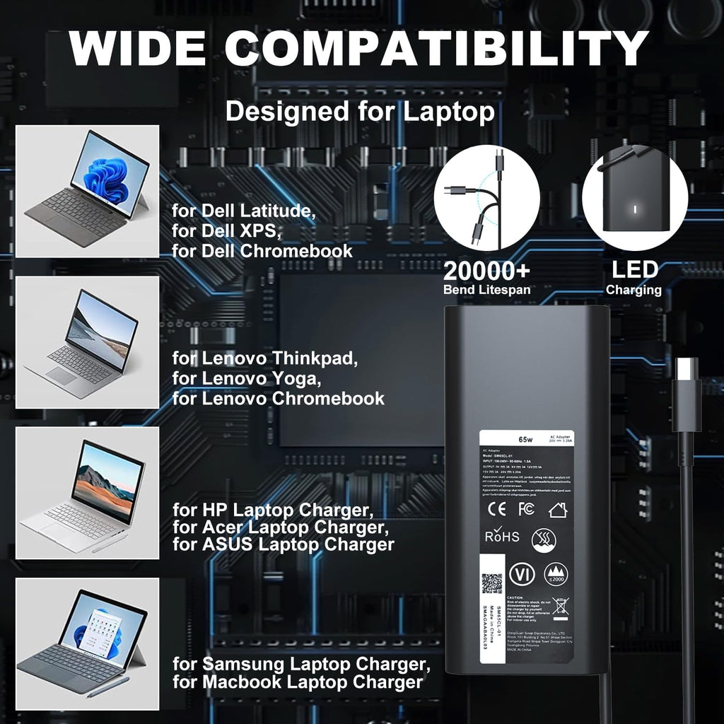 Cargador de portátil USB C tipo C de 65 W compatible con Dell Latit...