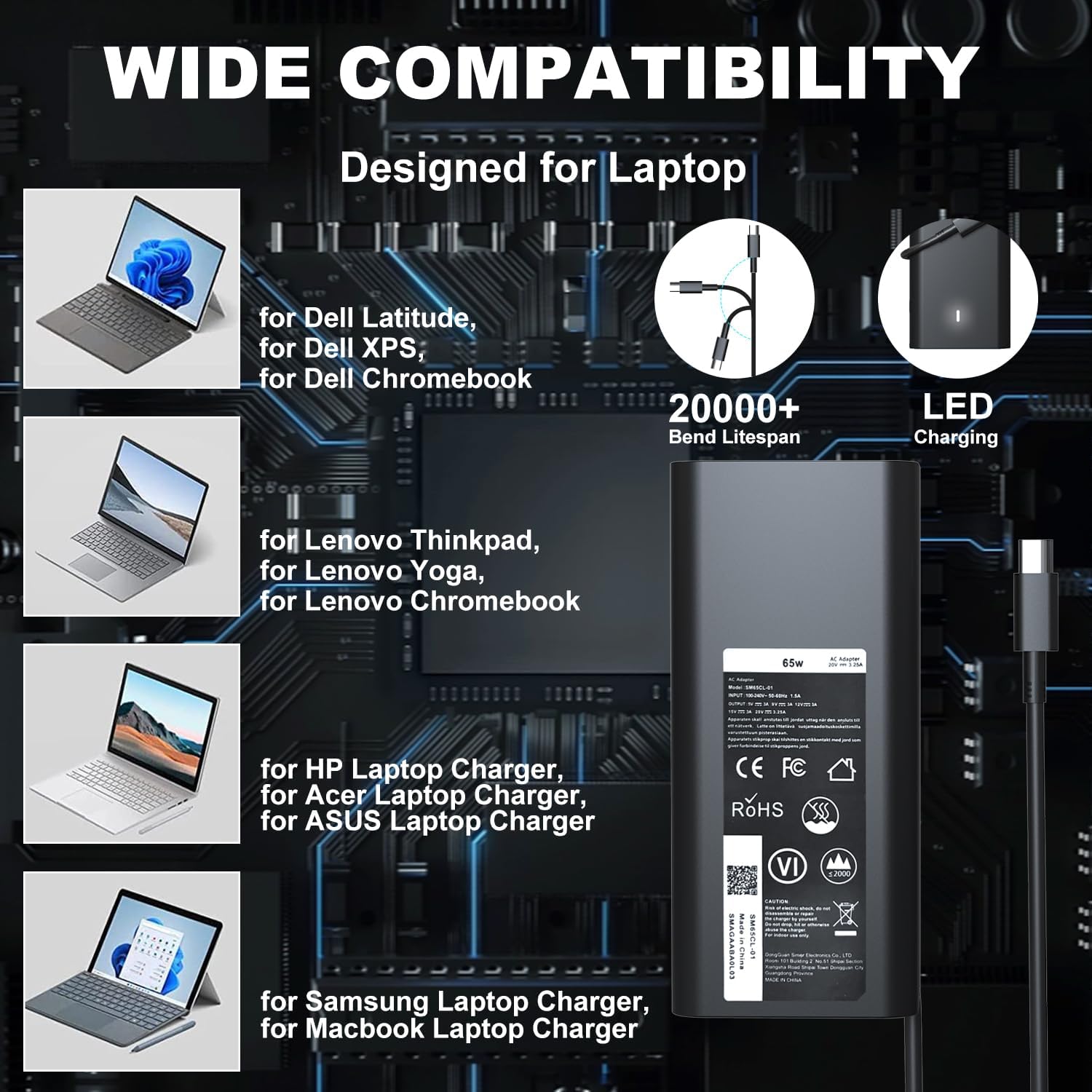 Cargador de portátil USB C tipo C de 65 W compatible con Dell Latit...