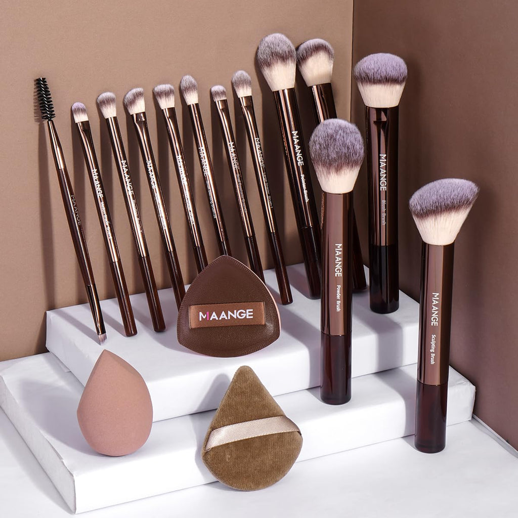 MAANGE Juego de 16 brochas de maquillaje de viaje para polvo líquid...