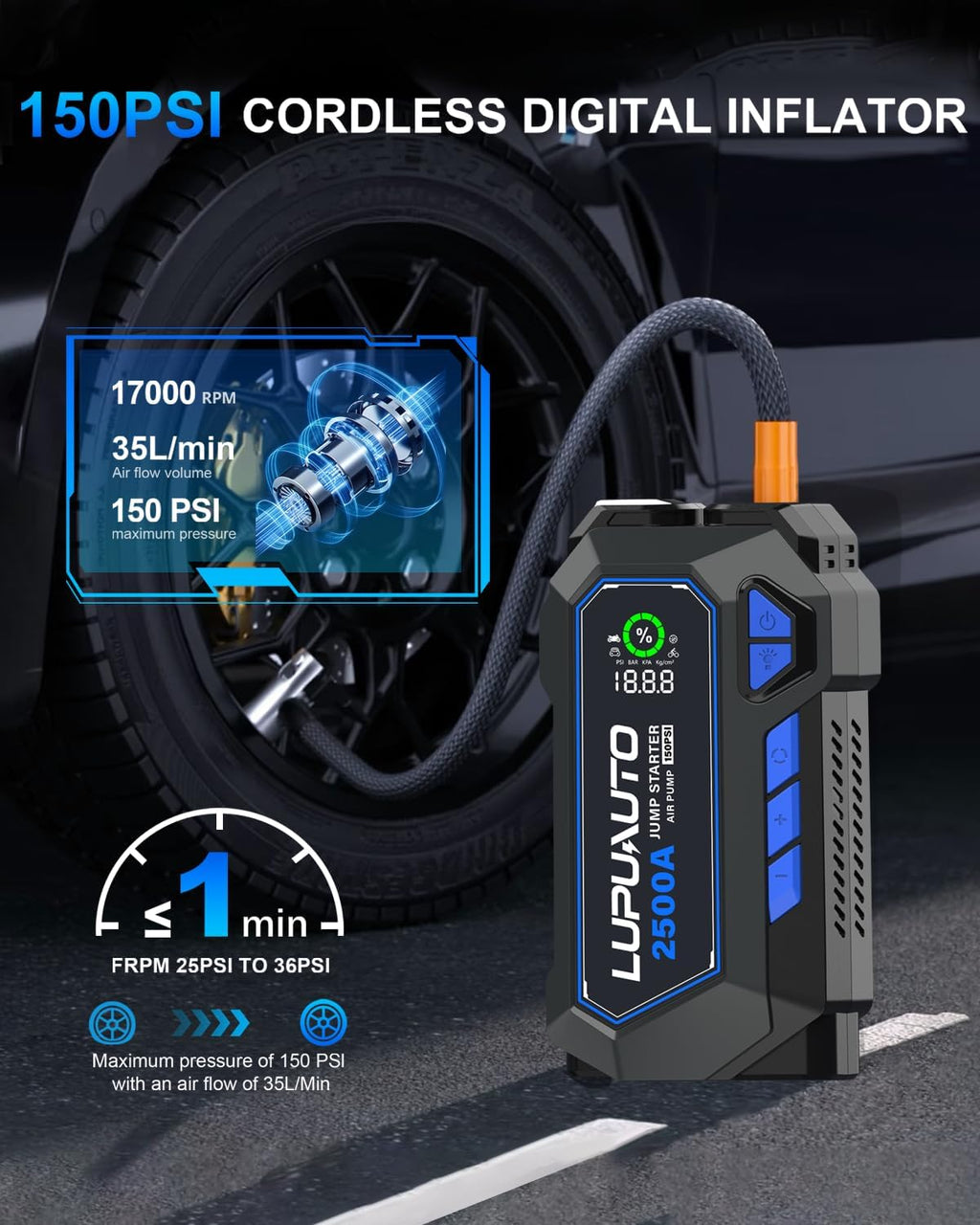 Arrancador de 2500A con compresor de aire, potenciador de batería,...