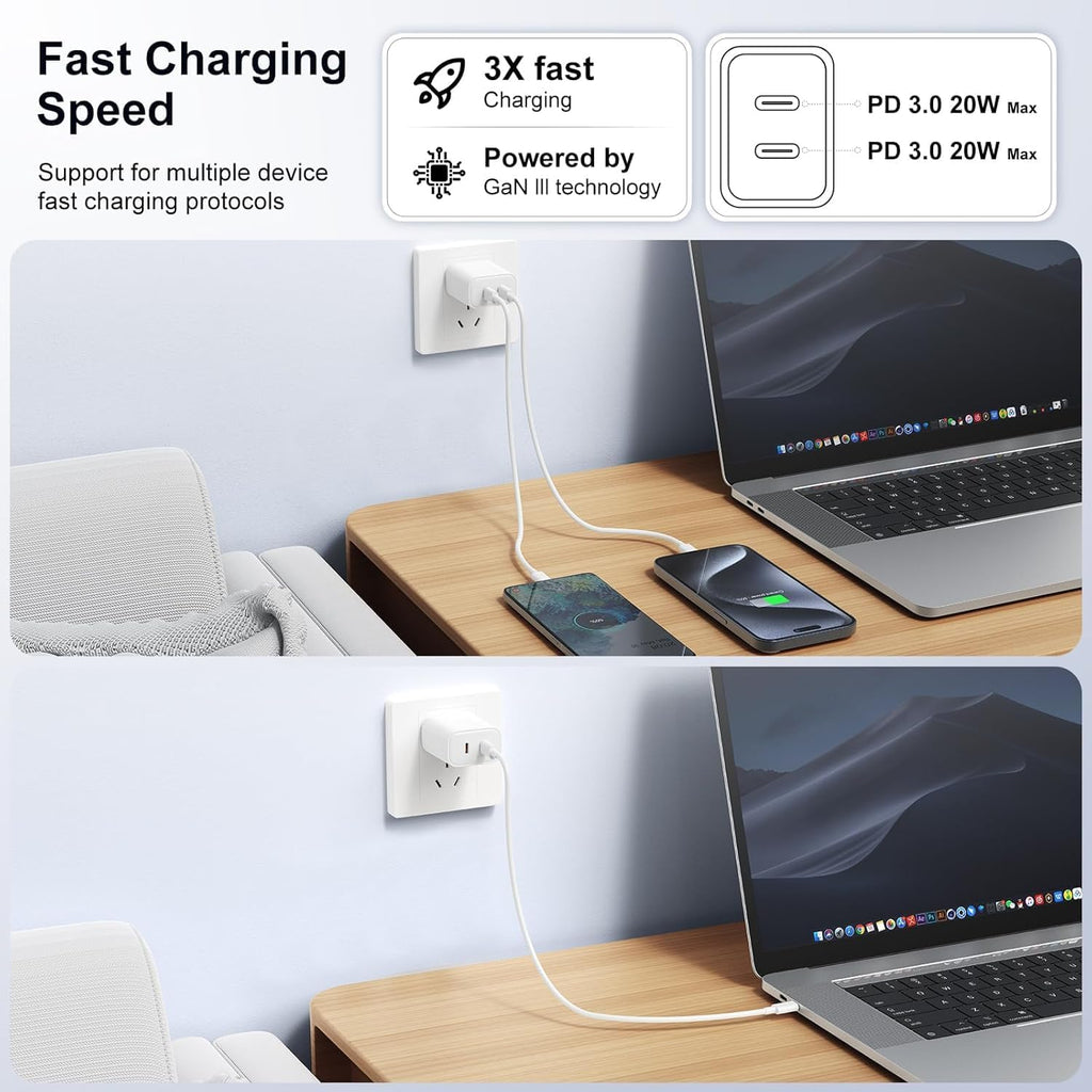 Cargador USB C dual total de 40 W, 2 puertos de 20 W, adaptador de...