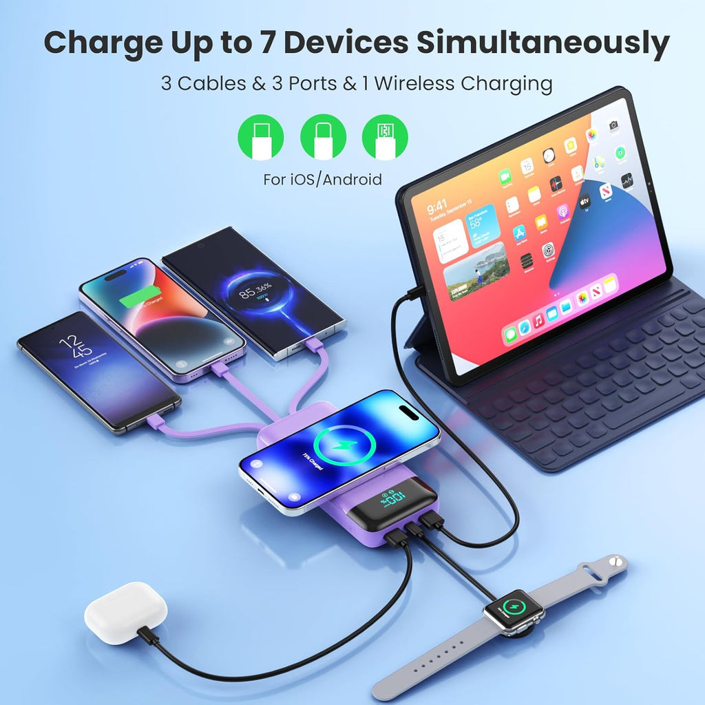 Cargador Portátil Inalámbrico 40800mAh con 3 Cables Integrados, Ban...