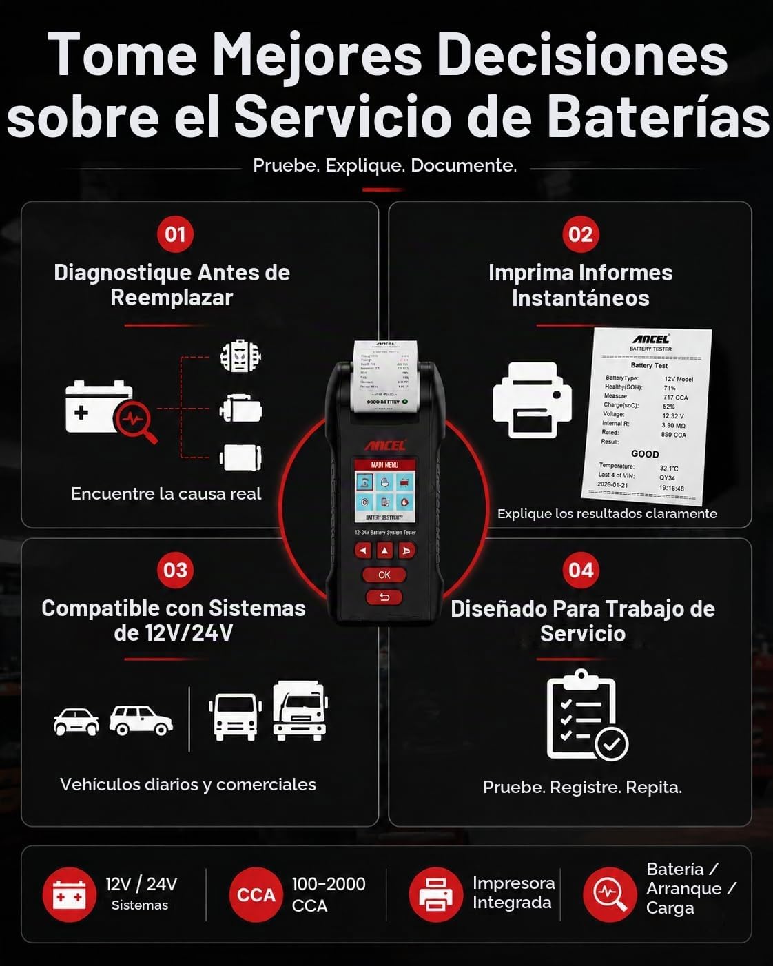 ANCEL BST600 - Probador de batería de coche con impresora - 12V\/24...