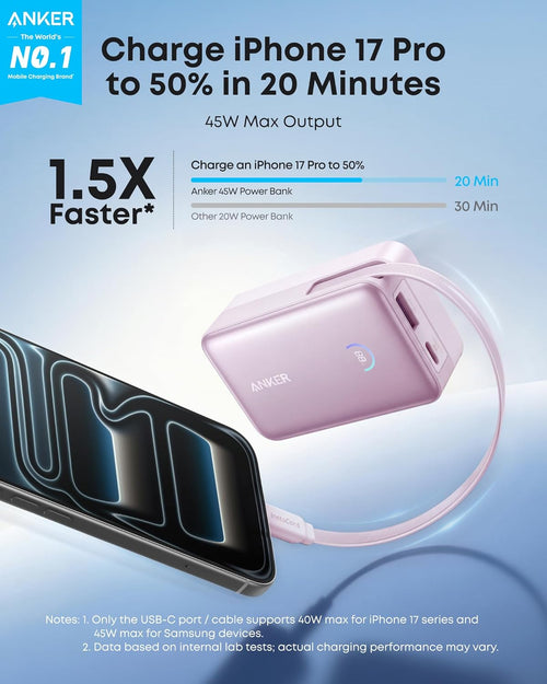 Anker Cargador portátil nano, 45 W 10000 mAh con cable retráctil de...
