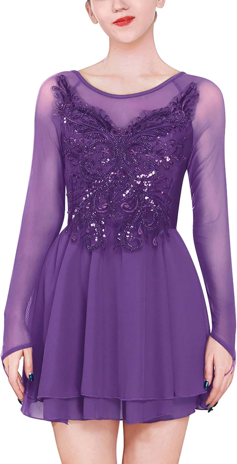ODASDO Vestido de patinaje artístico para mujer, malla de manga lar...