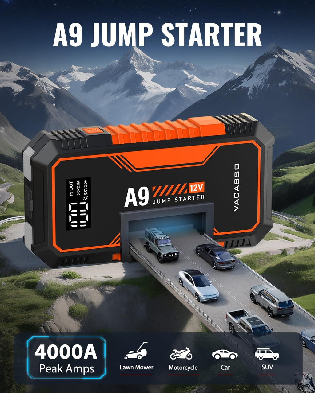 Arrancador de batería VACASSO A9 de 4000 A, portátil (7L de gasolin...