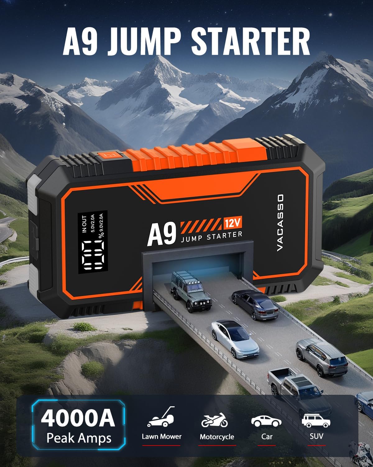 Arrancador de batería VACASSO A9 de 4000 A, portátil (7L de gasolin...