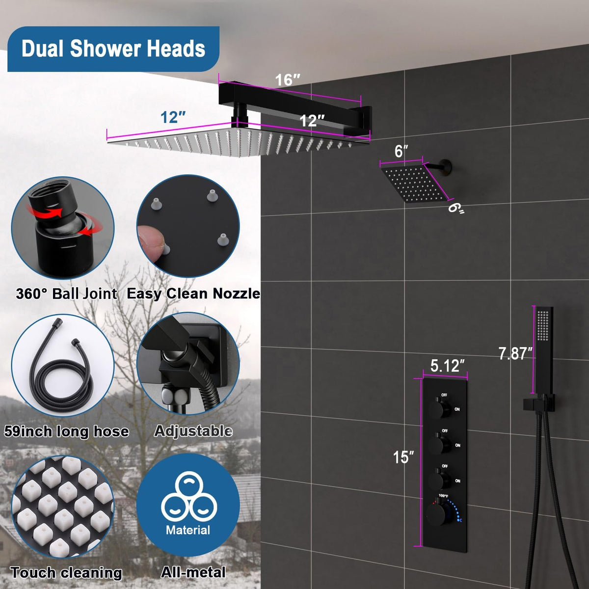 Enga - Sistema termostático de ducha dual de 12"+6" con mon...