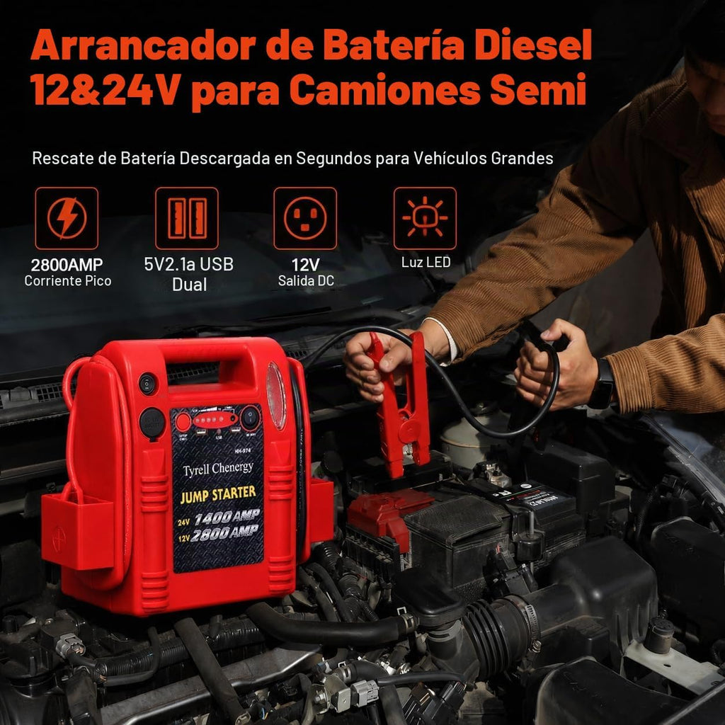 Tyrell Chenergy - Arrancador de batería 12V\/24V, 2800\/1400 pico d...