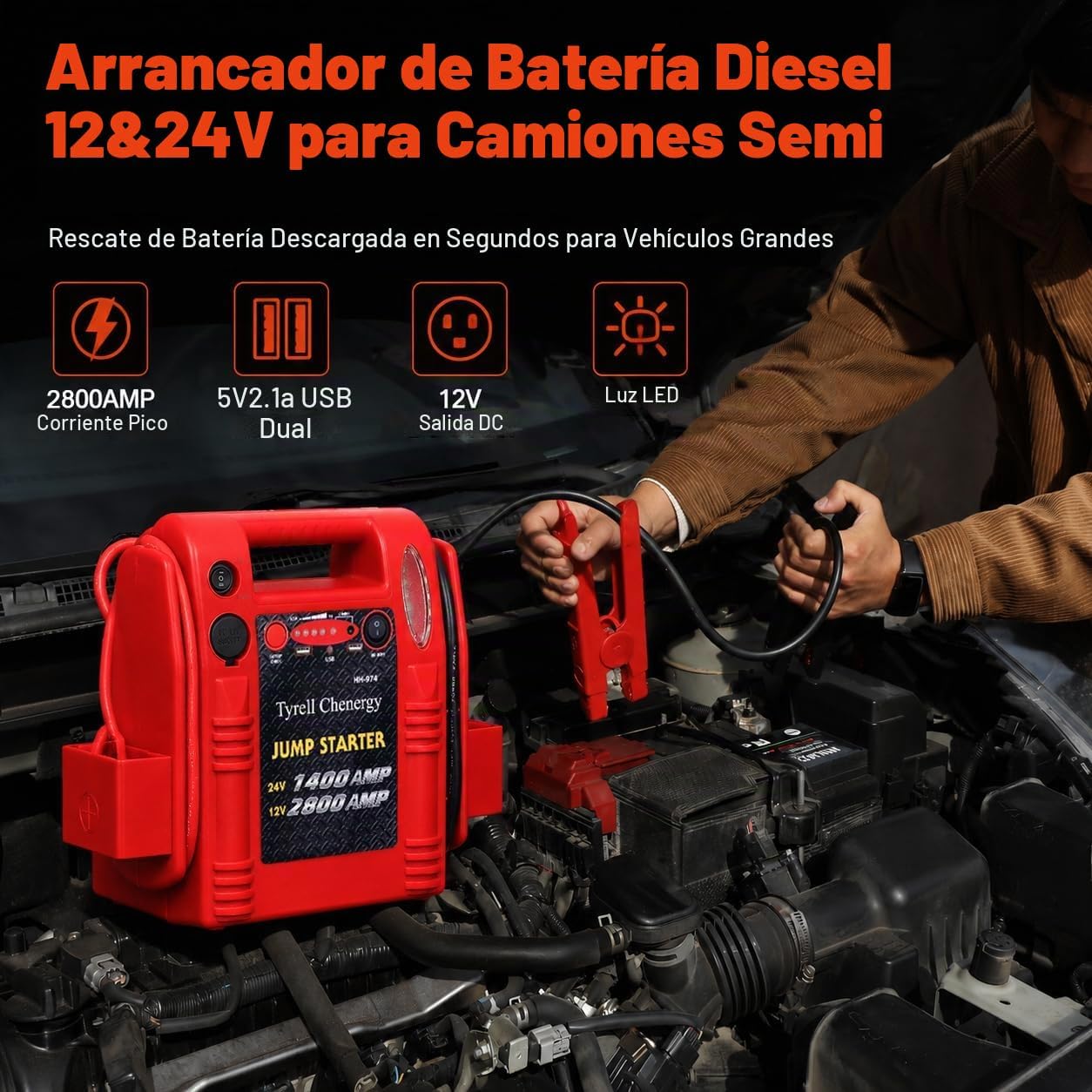 Tyrell Chenergy - Arrancador de batería 12V\/24V, 2800\/1400 pico d...