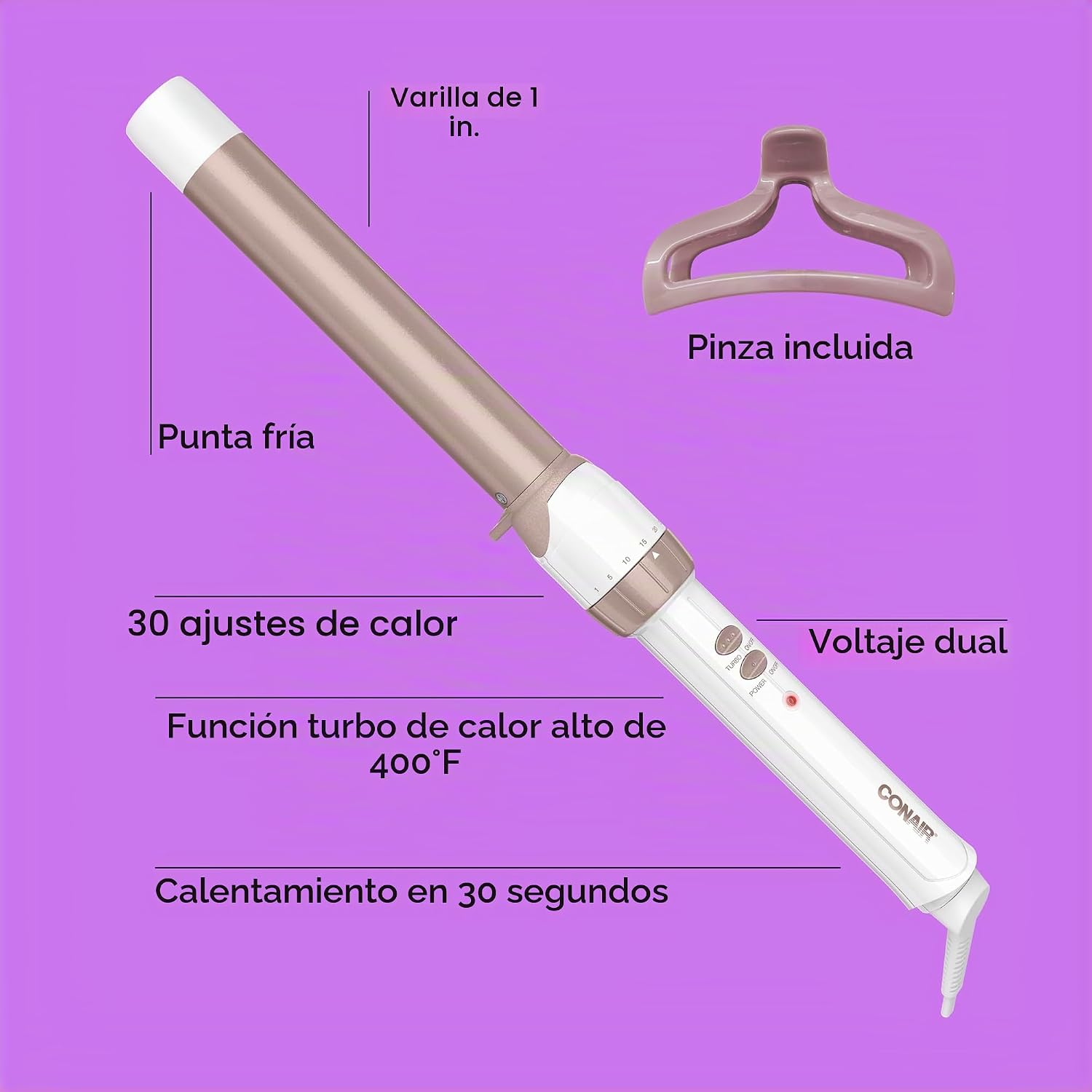 Conair Varita Rizador de Cerámica Doble de 1 Pulgada con Pinza, Pro...