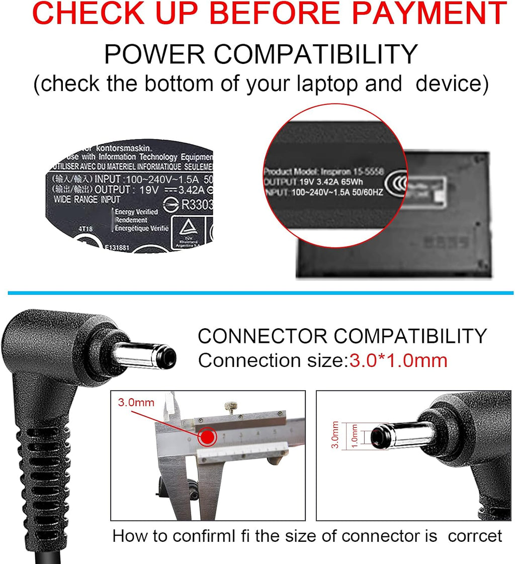 Cargador adaptador de corriente alterna de 65 W 19 V 3.42 A para Ac...