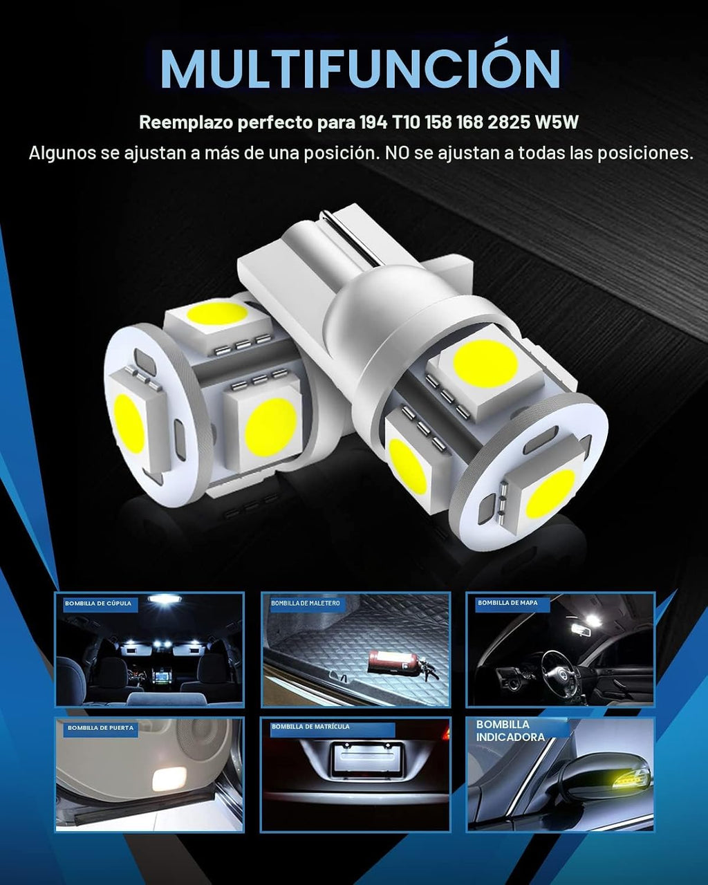 Marsauto 194 - Bombilla LED 6000K blanca 168 T10 2825 W5W 5SMD, bom...