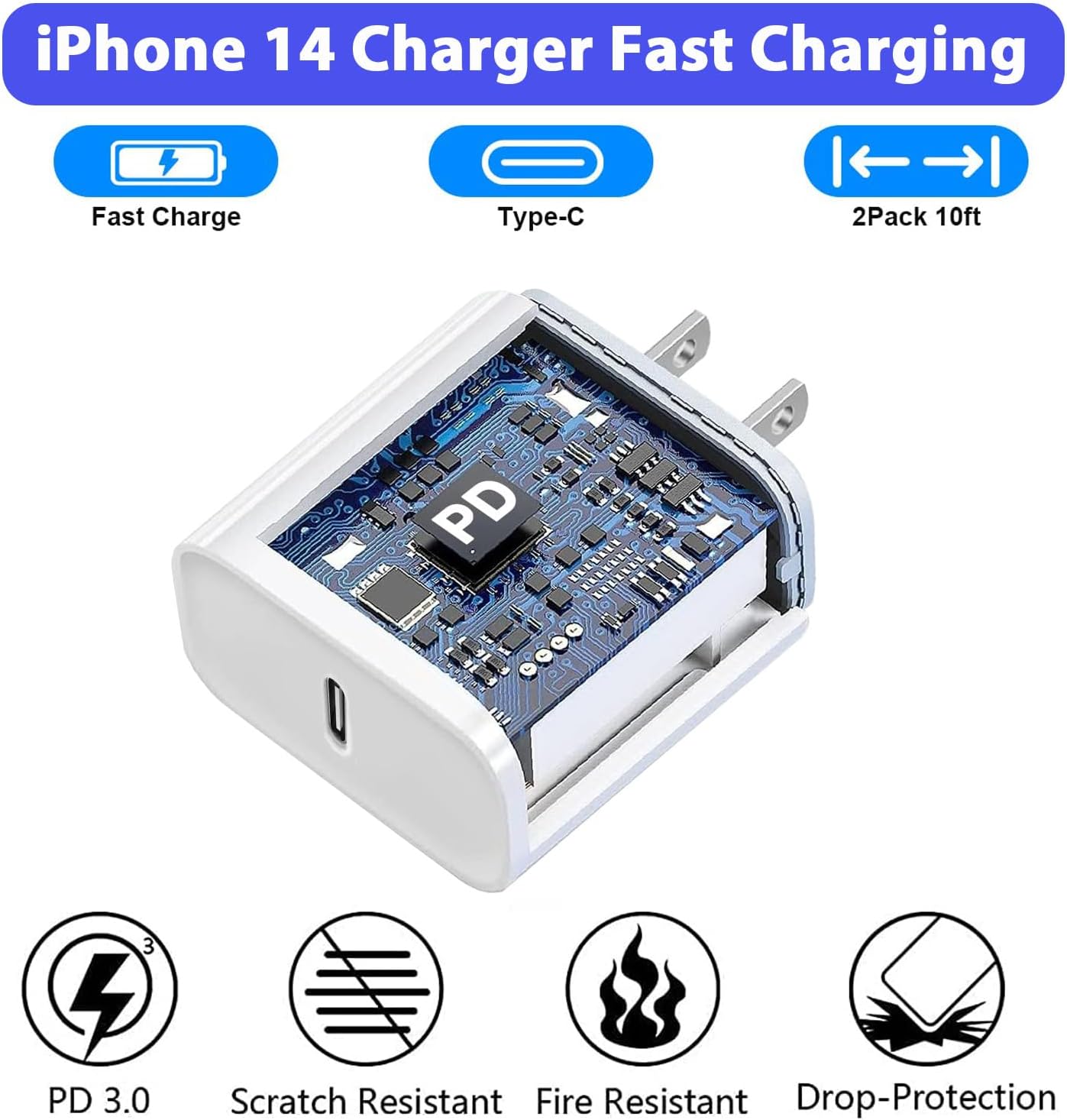 Cargador rápido para iPhone de 3 metros, paquete de 2 [certificado...