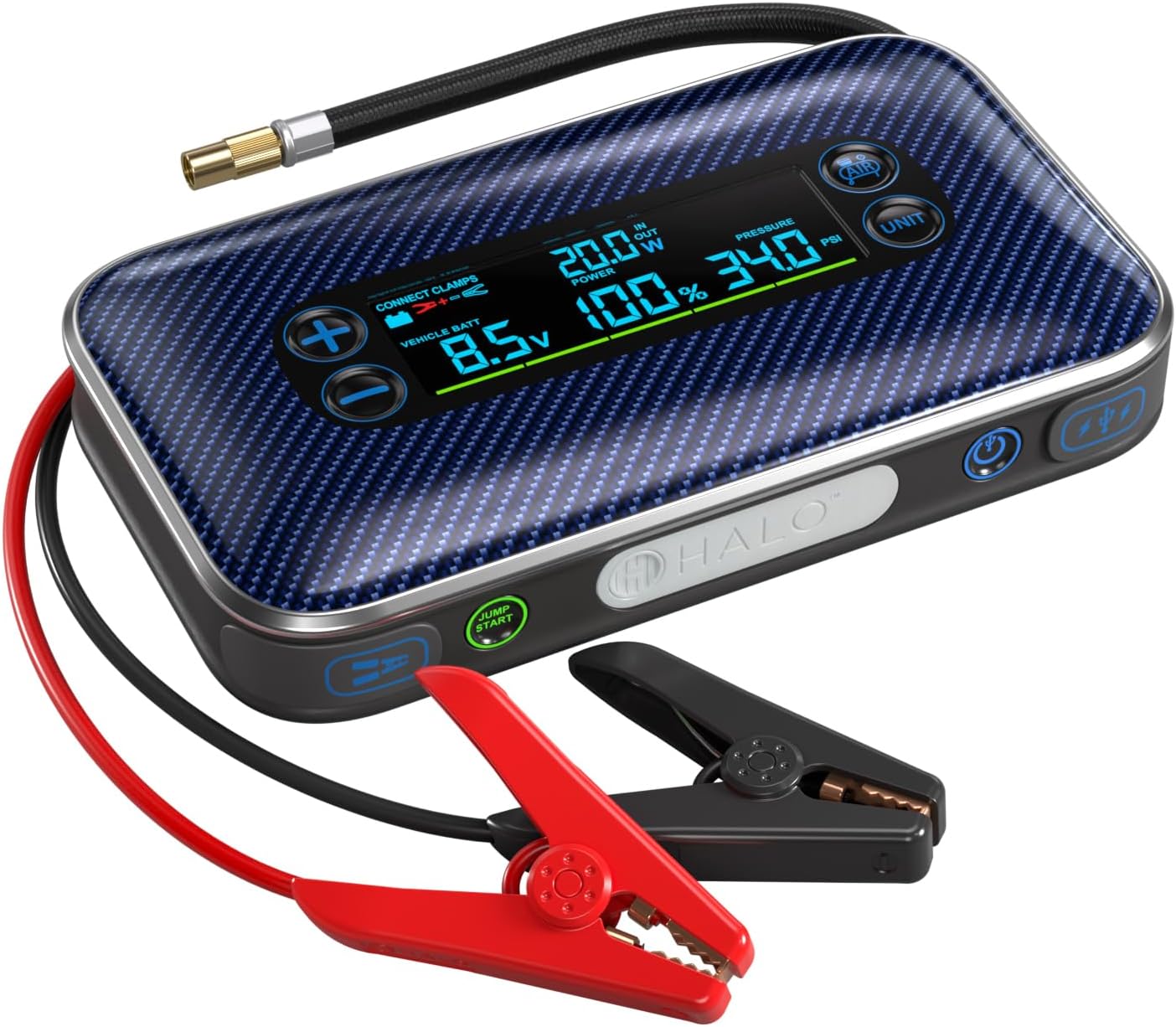 HALO Bolt AIR 1500A Arrancador de salto, compresor de aire, banco d...